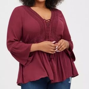 TORRID Babydoll Gauze Crochet Trim Lace-Up Top NWT